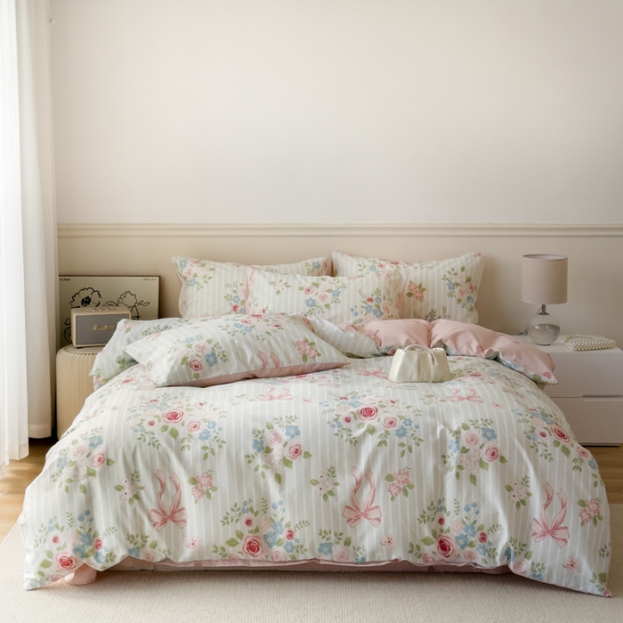 91家纺网 家纺一手货源 找家纺 2024新款印花小清新全棉四件套 清婉花语