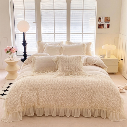 91家纺网 家纺一手货源 找家纺 庭笙 新款高克重绒类法式复古小香风四件套-浪漫的约定 米白