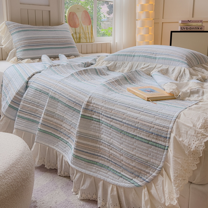 91家纺网 家纺一手货源 找家纺 久典家居 2024新款A类法式全棉色织水洗棉单床盖 沐妍绿