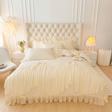 罗艺轩 2024新款高克重牛奶雪纺边床裙四件套-羽蝶 奶昔