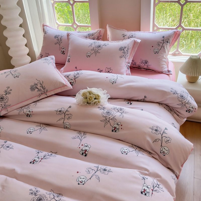 91家纺网 家纺一手货源 找家纺 禧多家纺 2024新款亲肤云锦棉四件套 卡拉-粉