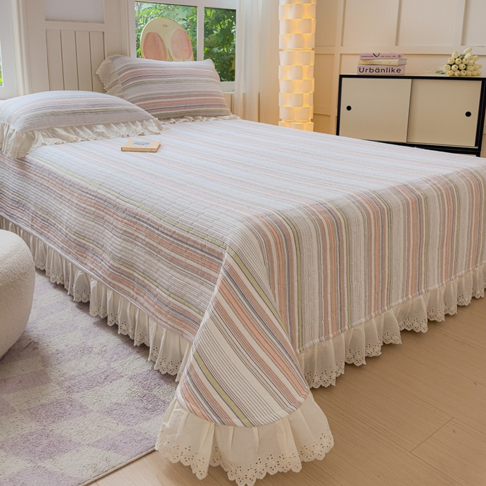 91家纺网 家纺一手货源 找家纺 久典家居 2024新款A类法式全棉色织水洗棉单床盖 沐妍粉