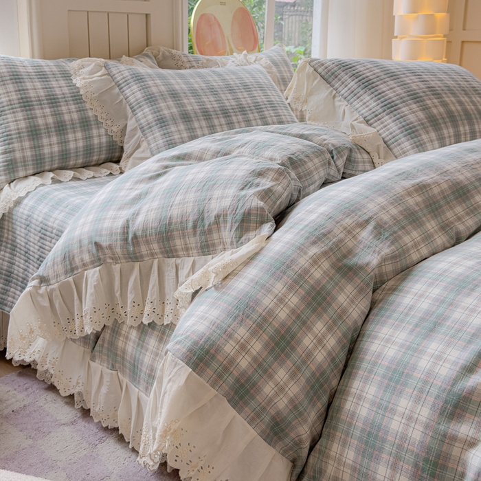 91家纺网 家纺一手货源 找家纺 久典家居 2024新款A类法式全棉色织水洗棉床盖四件套 可可绿