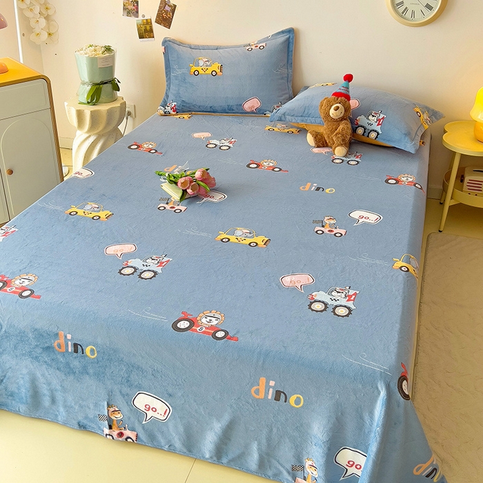 91家纺网 家纺一手货源 找家纺 大柏树 2025新款A类高克重亲肤舒适牛奶绒印花四件套-单床单可定制 精灵乐园-蓝