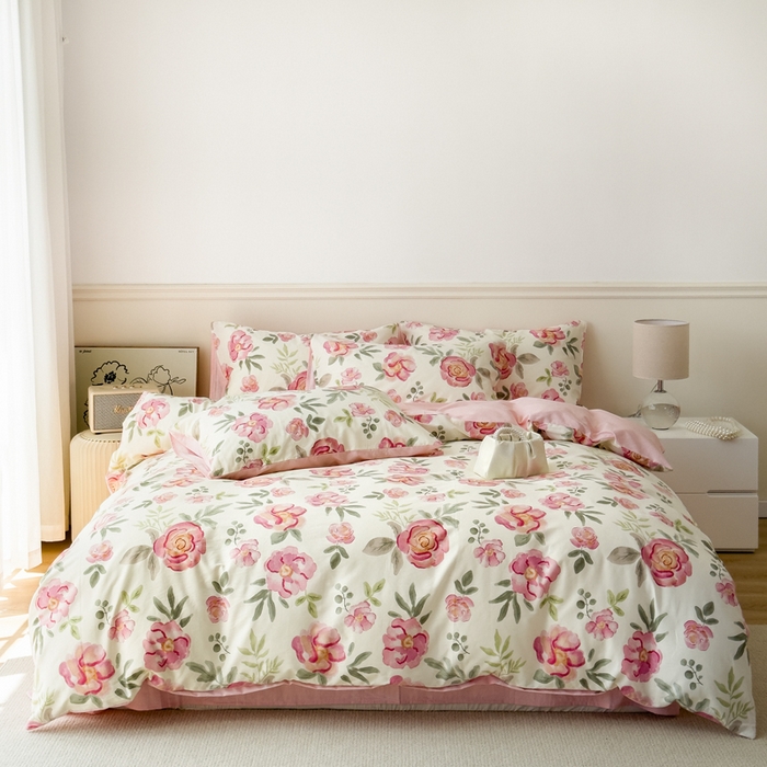 91家纺网 家纺一手货源 找家纺 2024新款印花小清新全棉四件套 灼灼其华