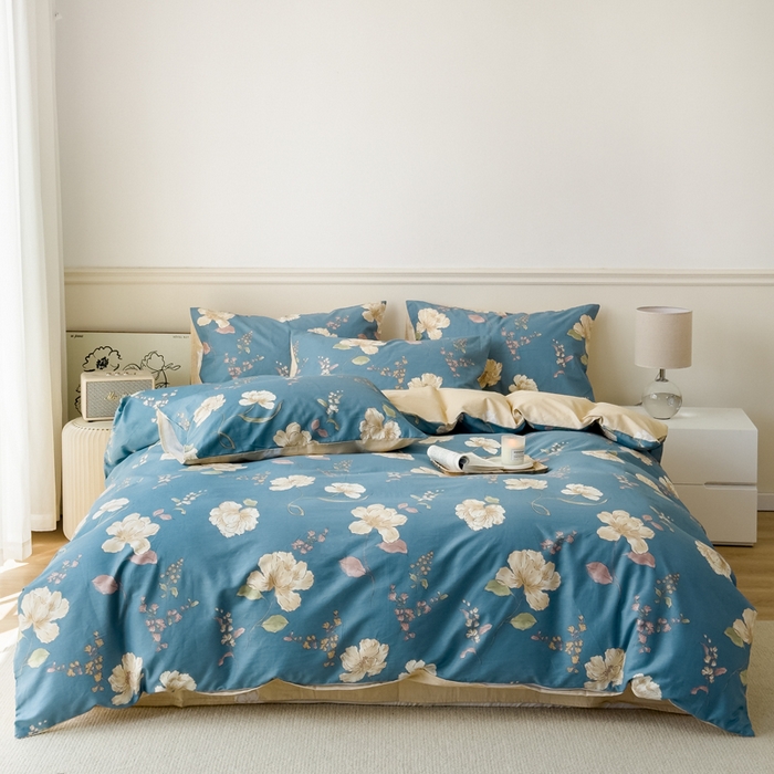 91家纺网 家纺一手货源 找家纺 2024新款印花小清新全棉四件套 知秋