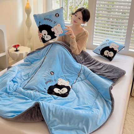 铭宣家居 2024新款加厚AB版婴儿绒和北极绒贴布绣刺绣抱枕被-可爱煤球 可爱煤球-天蓝色