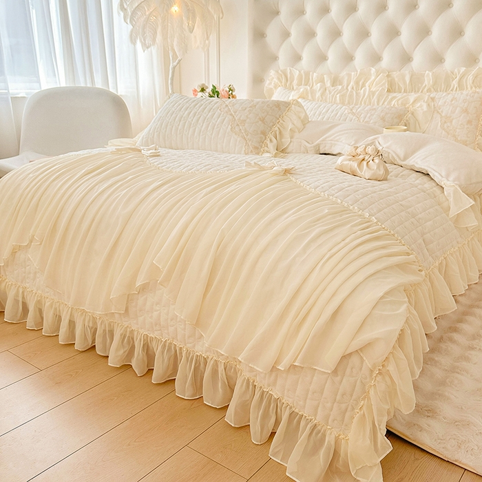 91家纺网 家纺一手货源 找家纺 罗艺轩 2024新款高克重牛奶雪纺边床裙四件套-羽蝶 奶昔