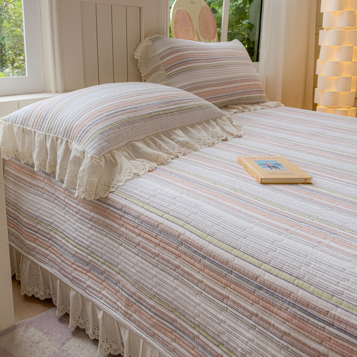 91家纺网 家纺一手货源 找家纺 久典家居 2024新款A类法式全棉色织水洗棉单床盖 沐妍粉