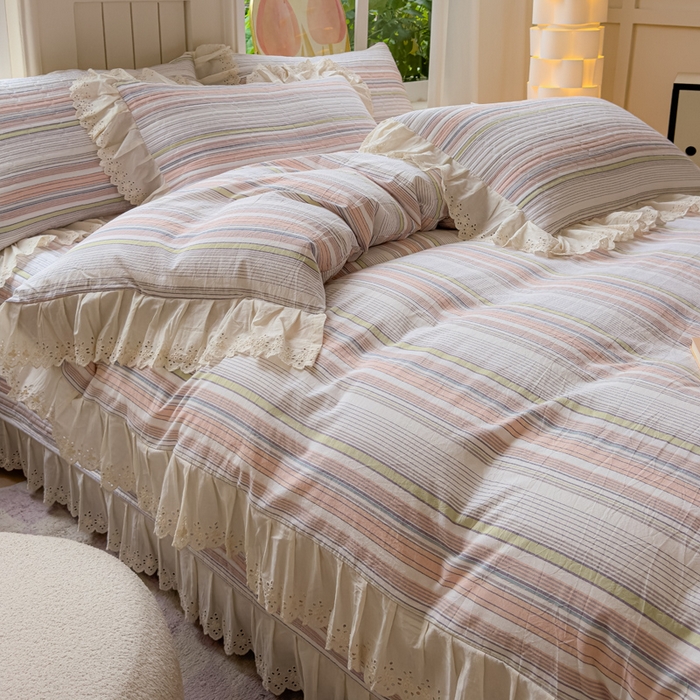 91家纺网 家纺一手货源 找家纺 久典家居 2024新款A类法式全棉色织水洗棉床盖四件套 沐妍粉