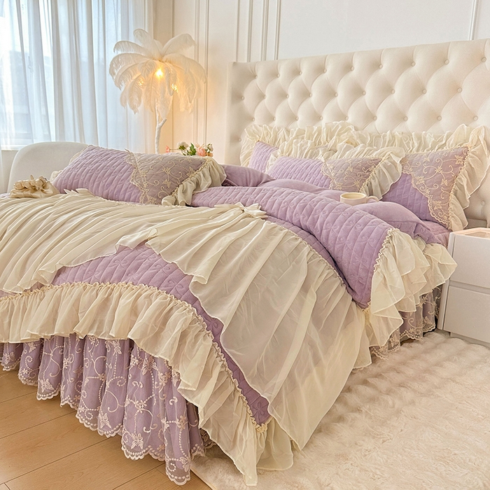 91家纺网 家纺一手货源 找家纺 罗艺轩 2024新款高克重牛奶雪纺边床裙四件套-羽蝶 甜紫