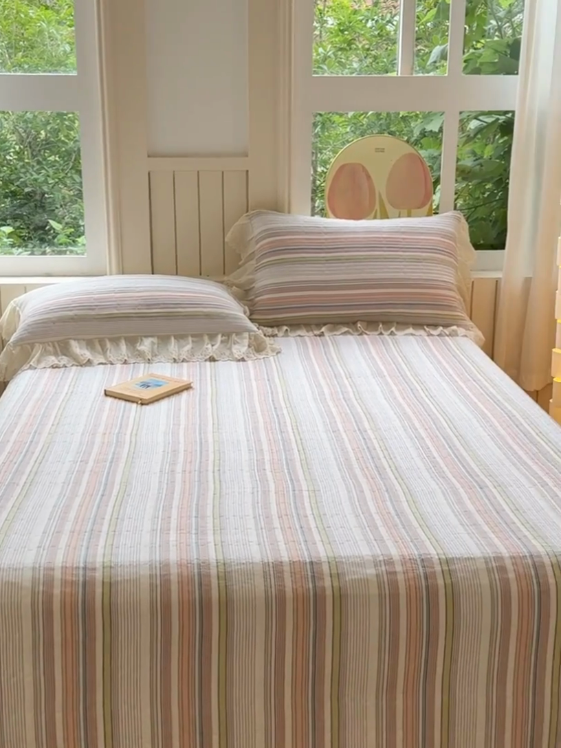 91家纺网 家纺一手货源 找家纺 久典家居 2024新款A类法式全棉色织水洗棉单床盖 沐妍粉