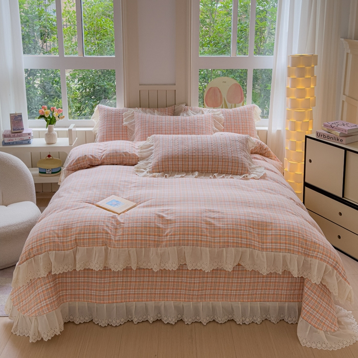 91家纺网 家纺一手货源 找家纺 久典家居 2024新款A类法式全棉色织水洗棉床盖四件套 可可桔