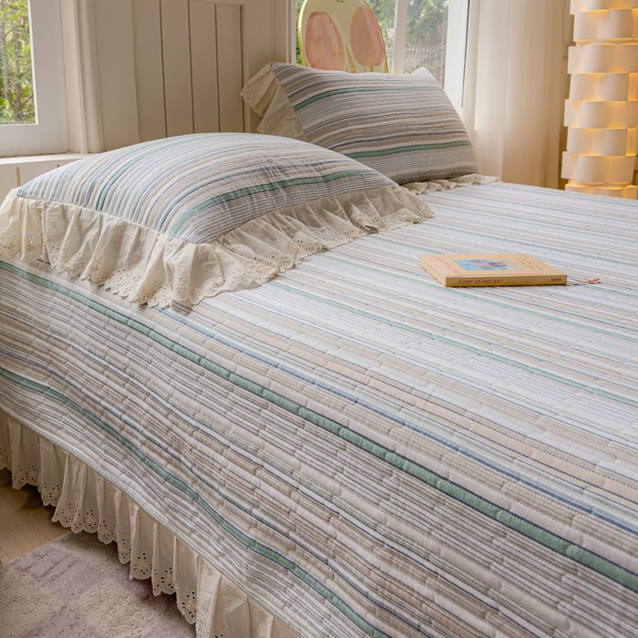 91家纺网 家纺一手货源 找家纺 久典家居 2024新款A类法式全棉色织水洗棉单床盖 沐妍绿