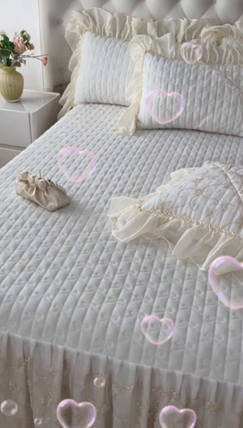 91家纺网 家纺一手货源 找家纺 罗艺轩 2024新款高克重牛奶雪纺边床裙三件套-羽蝶 奶昔