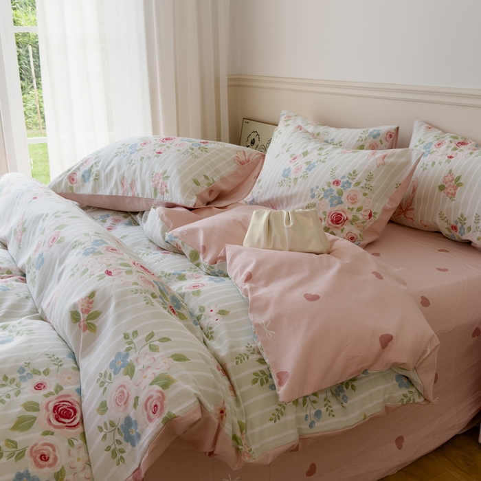 91家纺网 家纺一手货源 找家纺 2024新款印花小清新全棉四件套 清婉花语