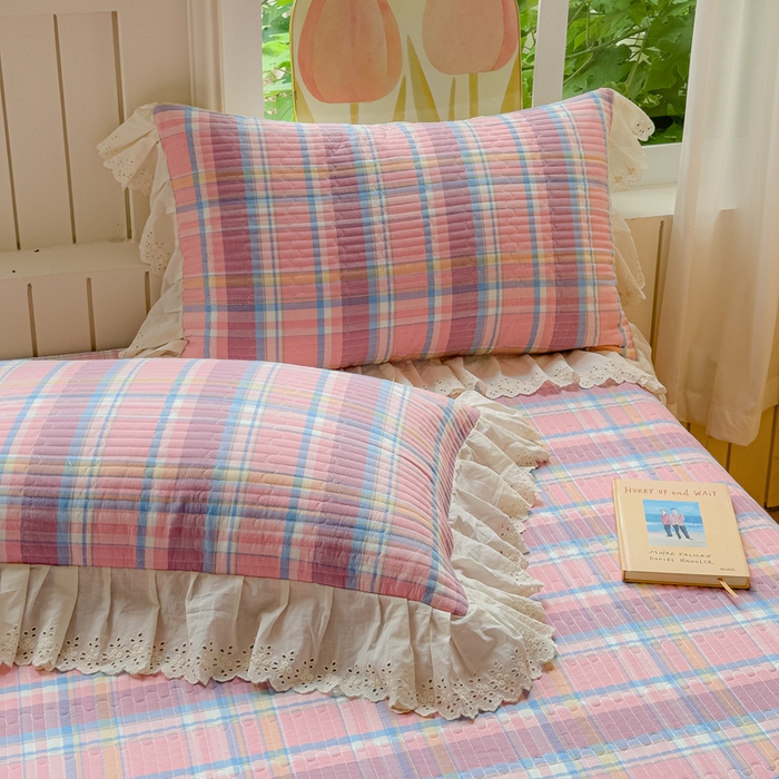 91家纺网 家纺一手货源 找家纺 久典家居 2024新款A类法式全棉色织水洗棉单床盖 昭华粉