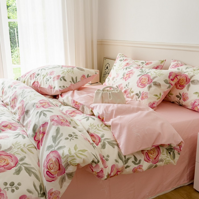 91家纺网 家纺一手货源 找家纺 2024新款印花小清新全棉四件套 灼灼其华