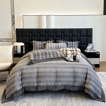 91家纺网 家纺一手货源 找家纺 若未家居 LOVEWE HOUSE 2025秋冬新款细条狐狸貂A版500克B版240克丹麦狐狸貂四件套-托马斯 托马斯 高级灰