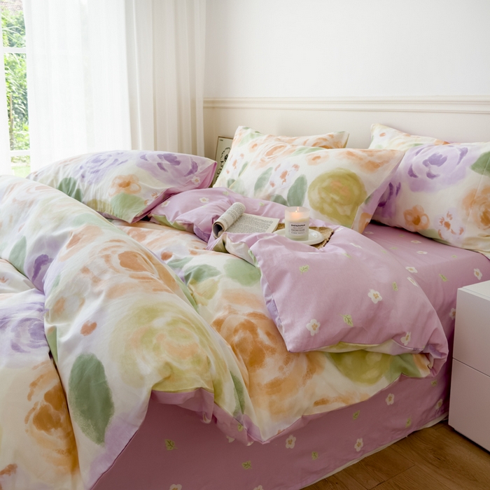 91家纺网 家纺一手货源 找家纺 2024新款印花小清新全棉四件套 莫奈印象