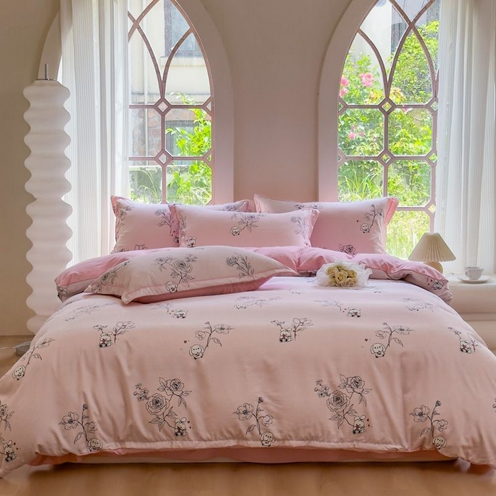 91家纺网 家纺一手货源 找家纺 禧多家纺 2024新款亲肤云锦棉四件套 卡拉-粉