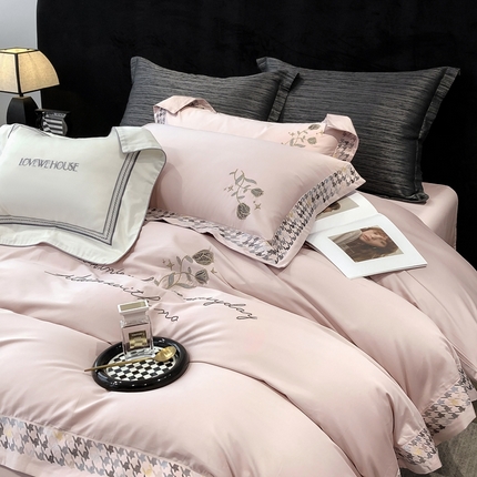 91家纺网 家纺一手货源 找家纺 （总）若未家居 2025新款长绒棉高精密刺绣款百万针工艺套件 千鸟格刺绣-锦簇