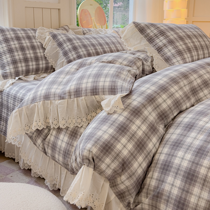 91家纺网 家纺一手货源 找家纺 久典家居 2024新款A类法式全棉色织水洗棉床盖四件套 可可灰