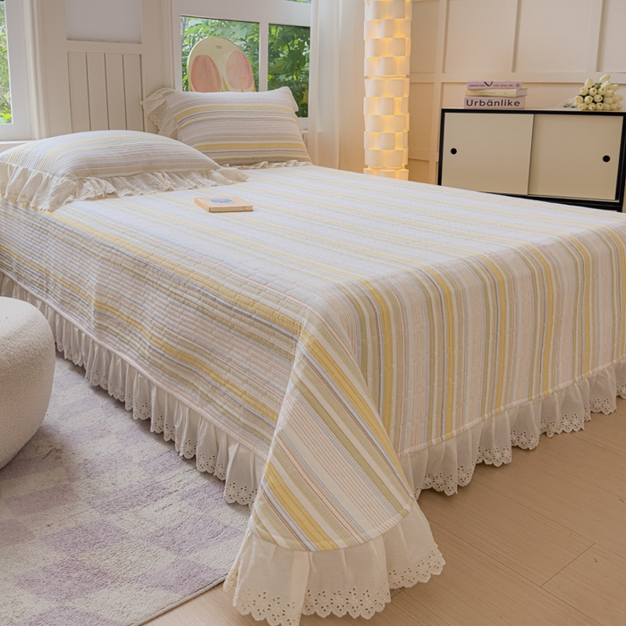 91家纺网 家纺一手货源 找家纺 久典家居 2024新款A类法式全棉色织水洗棉单床盖 沐妍黄