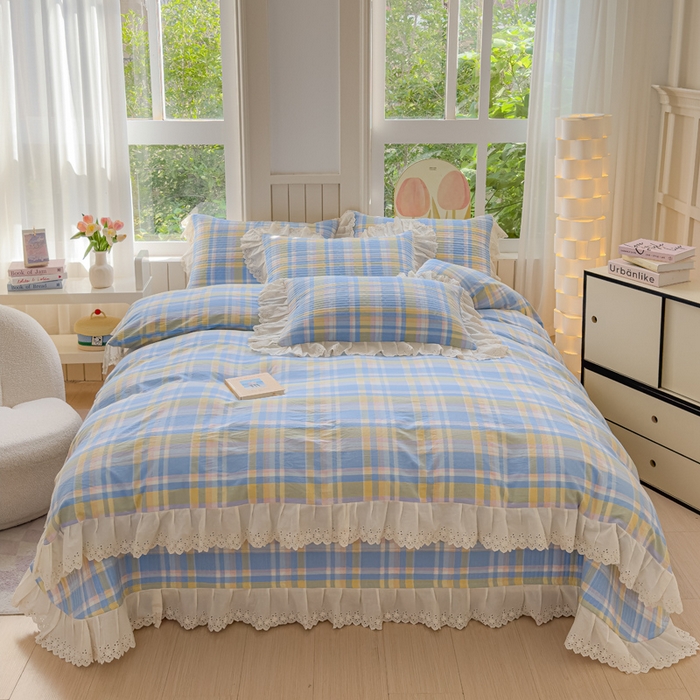 91家纺网 家纺一手货源 找家纺 久典家居 2024新款A类法式全棉色织水洗棉床盖四件套 昭华蓝