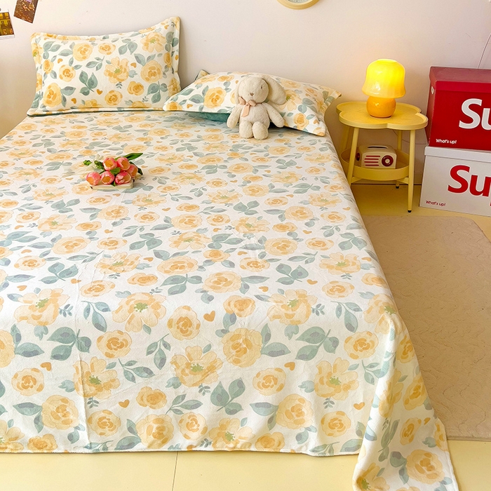 91家纺网 家纺一手货源 找家纺 大柏树 2025新款A类高克重亲肤舒适牛奶绒印花四件套-单床单可定制 朵柔-黄