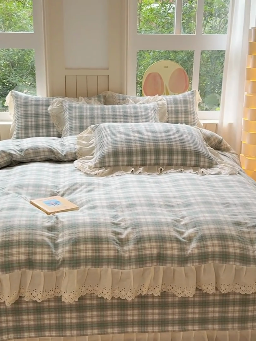 91家纺网 家纺一手货源 找家纺 久典家居 2024新款A类法式全棉色织水洗棉床盖四件套 可可绿