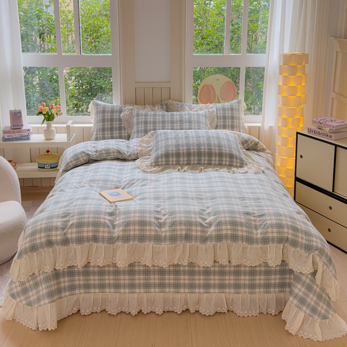 91家纺网 家纺一手货源 找家纺 久典家居 2024新款A类法式全棉色织水洗棉床盖四件套 可可绿