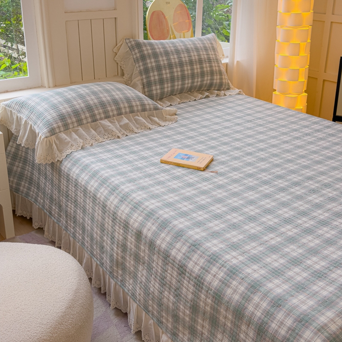 91家纺网 家纺一手货源 找家纺 久典家居 2024新款A类法式全棉色织水洗棉单床盖 可可绿