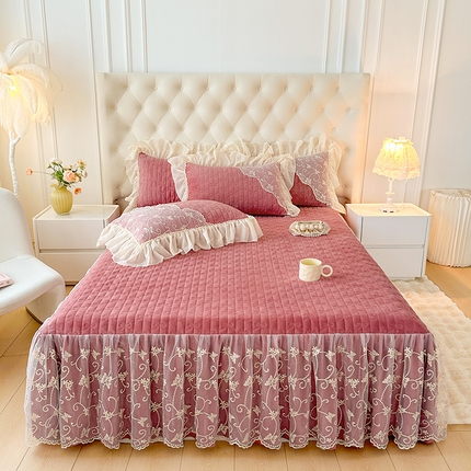 罗艺轩 2024新款高克重牛奶雪纺边床裙三件套-羽蝶 豆沙红