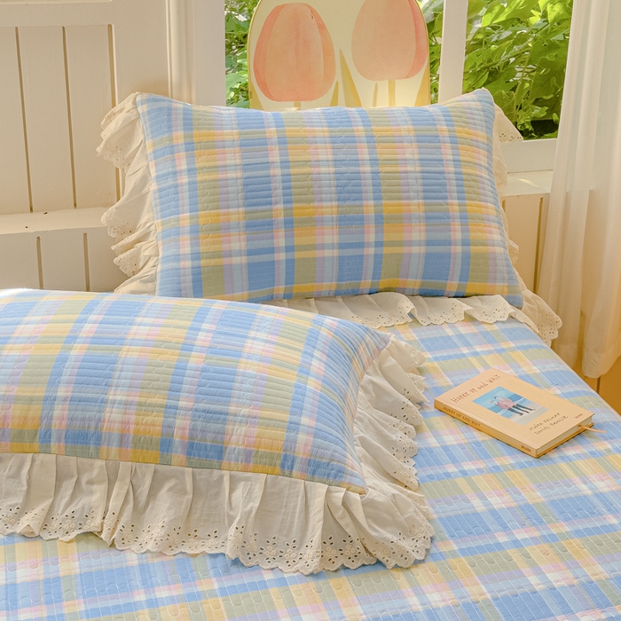 91家纺网 家纺一手货源 找家纺 久典家居 2024新款A类法式全棉色织水洗棉床盖四件套 昭华蓝