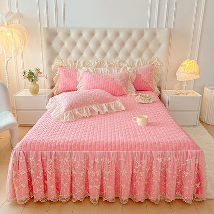 罗艺轩 2024新款高克重牛奶雪纺边床裙三件套-羽蝶 少女粉