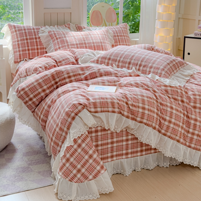 91家纺网 家纺一手货源 找家纺 久典家居 2024新款A类法式全棉色织水洗棉床盖四件套 可可粉