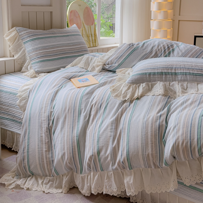 91家纺网 家纺一手货源 找家纺 久典家居 2024新款A类法式全棉色织水洗棉床盖四件套 沐妍绿