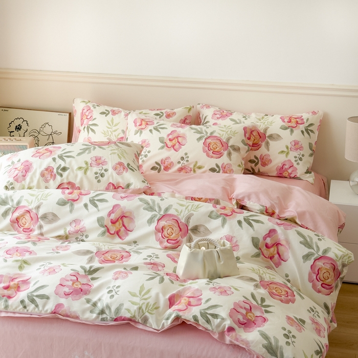 91家纺网 家纺一手货源 找家纺 2024新款印花小清新全棉四件套 灼灼其华