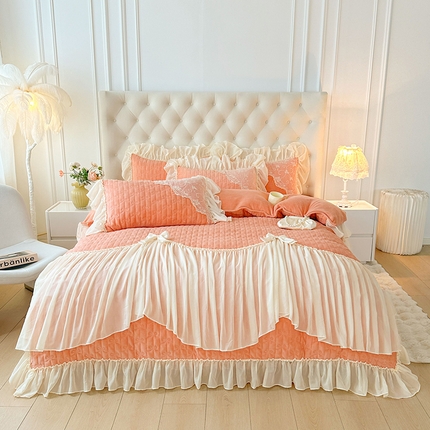 罗艺轩 2024新款高克重牛奶雪纺边床裙四件套-羽蝶 梦幻玉