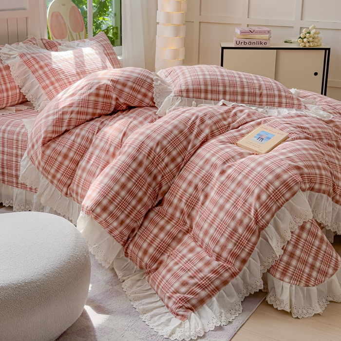 91家纺网 家纺一手货源 找家纺 久典家居 2024新款A类法式全棉色织水洗棉床盖四件套 可可粉