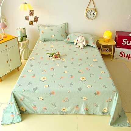 91家纺网 家纺一手货源 找家纺 大柏树 2025新款A类高克重亲肤舒适牛奶绒印花四件套-单床单可定制 春意浓-绿