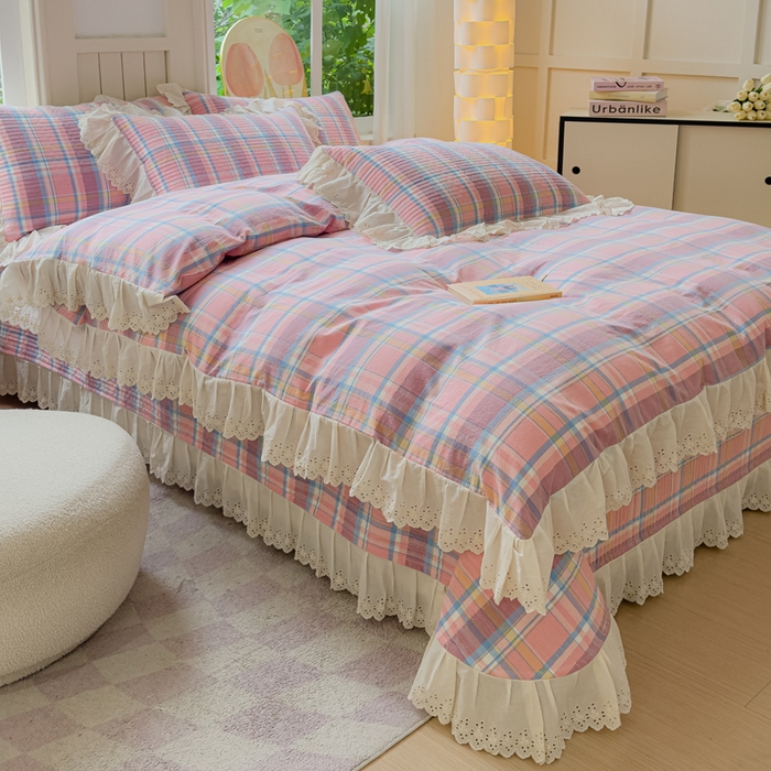 91家纺网 家纺一手货源 找家纺 久典家居 2024新款A类法式全棉色织水洗棉床盖四件套 昭华粉