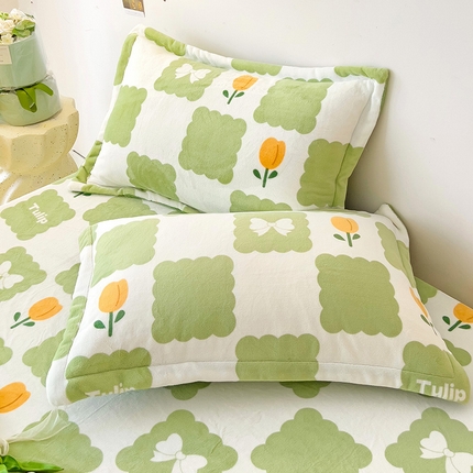 大柏树 2025新款A类高克重亲肤舒适牛奶绒印花四件套-单枕套可定制 花町-绿