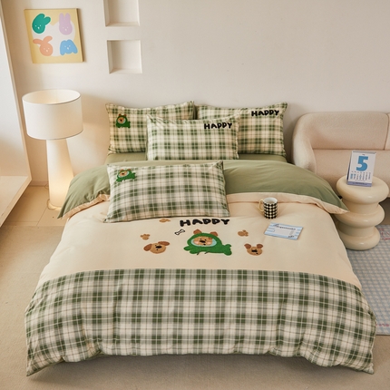 怡家居 2024秋冬新款全棉磨毛绣花四件套 快乐熊仔