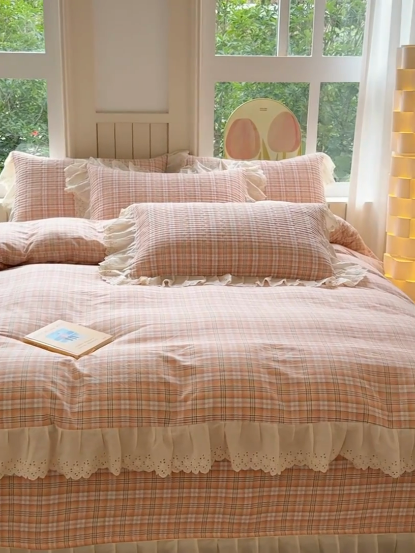 91家纺网 家纺一手货源 找家纺 久典家居 2024新款A类法式全棉色织水洗棉床盖四件套 可可桔