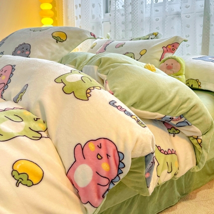 富之航家纺 2024小清新四件套被套牛奶绒四件套法莱绒水晶绒法兰绒兔毛绒兔绒金貂绒雕花绒小恐龙