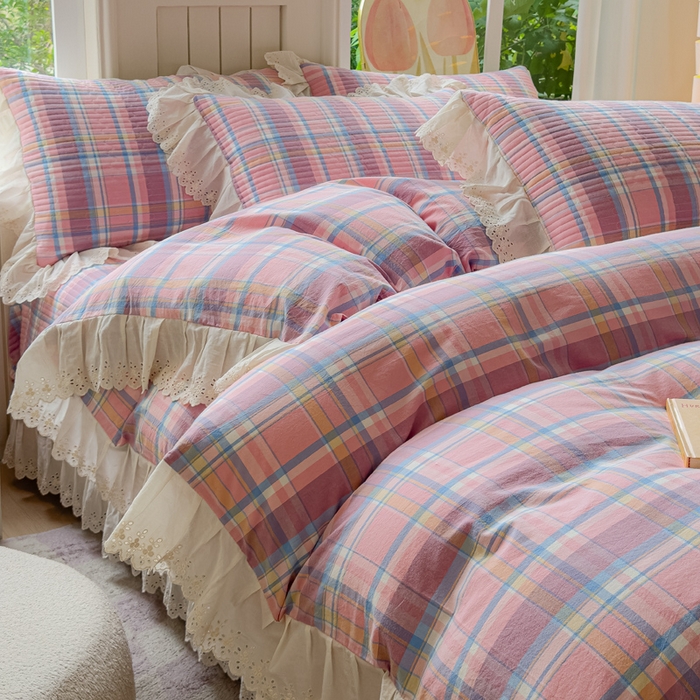 91家纺网 家纺一手货源 找家纺 久典家居 2024新款A类法式全棉色织水洗棉床盖四件套 昭华粉