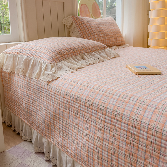 91家纺网 家纺一手货源 找家纺 久典家居 2024新款A类法式全棉色织水洗棉单床盖 可可桔