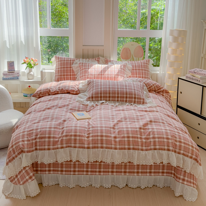 91家纺网 家纺一手货源 找家纺 久典家居 2024新款A类法式全棉色织水洗棉床盖四件套 可可粉